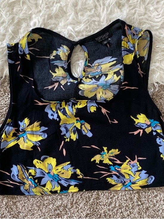 Topshop Tops - Topshop Black Floral Keyhole Camisole with Yellow & Blue Print
